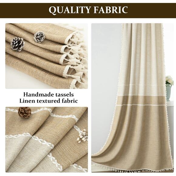VOGOL‎ Linen Textured Boho Curtain Drape Panel W52 x L84 Inches Beige Cream - Picture 3 of 7